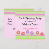 Modern Flowers and Stripes Birthday Invitation Kaart (Voorkant / Achterkant)