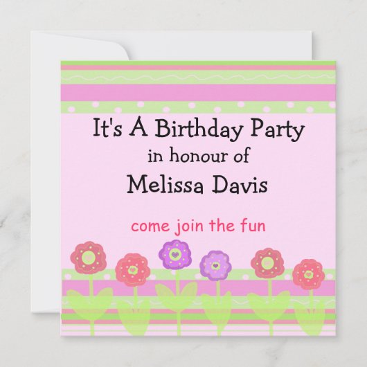 Modern Flowers and Stripes Birthday Invitation Kaart (Voorkant)