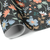Modern Flowers Black Oranje Blue Botanical Floral Cadeaupapier (Rol Hoek)
