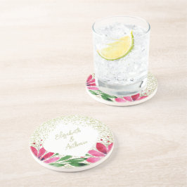 Modern Flowers Bloom Waterverf Roze Glitter Zandsteen Onderzetter