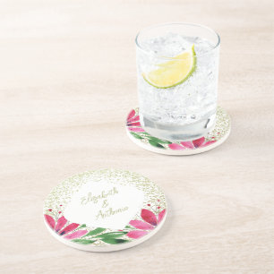 Modern Flowers Bloom Waterverf Roze Glitter Zandsteen Onderzetter