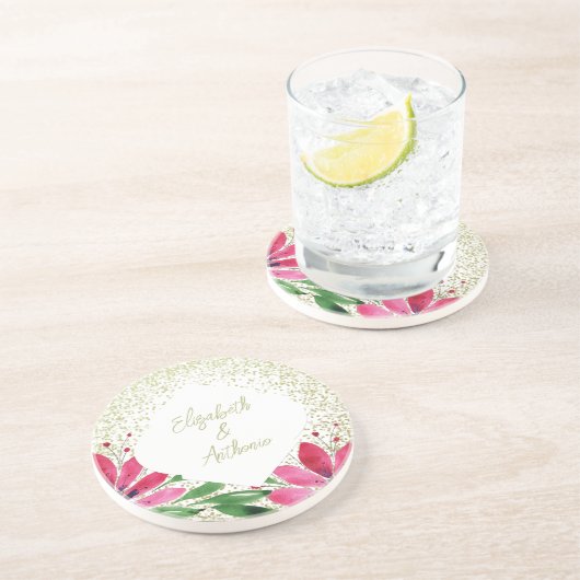 Modern Flowers Bloom Waterverf Roze Glitter Zandsteen Onderzetter (Zijkant)