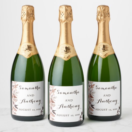 Modern Flowers Feathers Wedding Wine Bottle Label Sparkling Wijnetiket (Flessen)