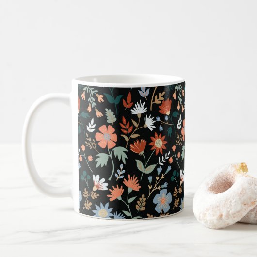 Modern Flowers Leaves Black Oranje Blue Floral Koffiemok (Met donut)