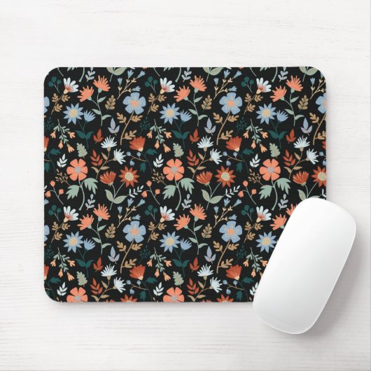 Modern Flowers Leaves Black Oranje Blue Floral Muismat (Met muis)