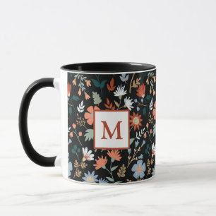 Modern Flowers Leaves Black Oranje Blue Monogram Mok