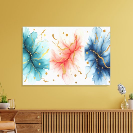 Modern Fluid Ink Swirls in Gold Abstract Canvas (Insitu (Woonkamer))