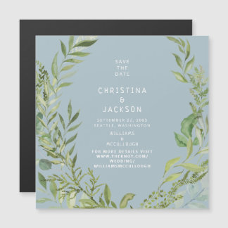 Modern Foliage Dusty Blue Wedding Save the Date Magnetische Uitnodiging