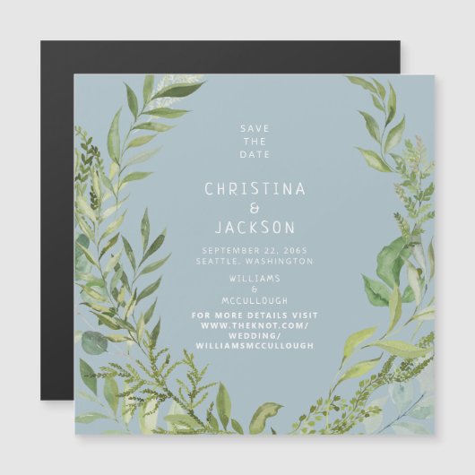 Modern Foliage Dusty Blue Wedding Save the Date Magnetische Uitnodiging (Voorkant / Achterkant)