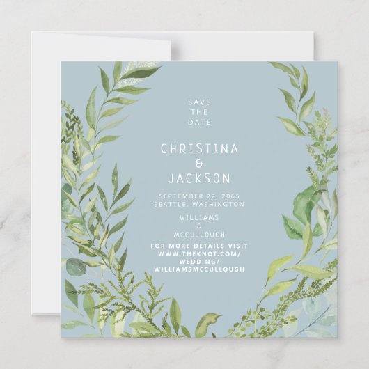 Modern Foliage Dusty Blue Wedding Save the Date Magnetische Uitnodiging (Voorkant)