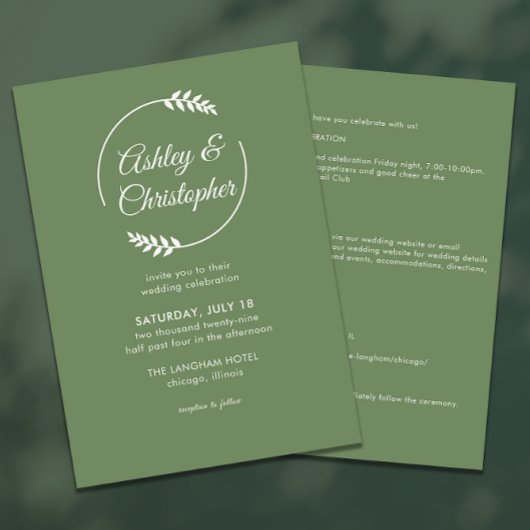 Modern Foliage Lijst Green All-in-One Wedding Kaart