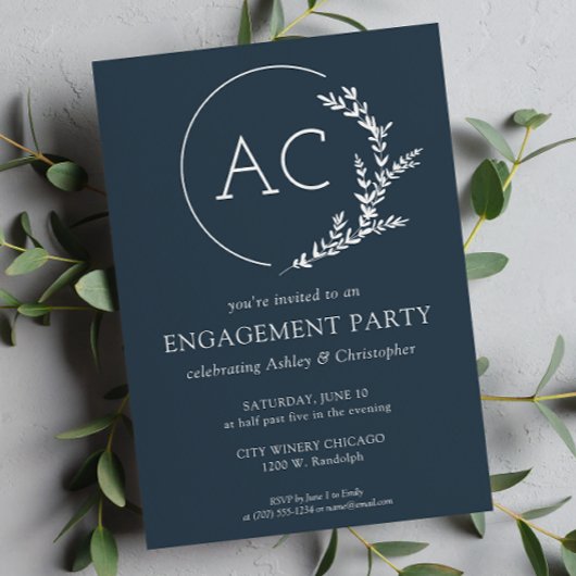 Modern Foliage Lijst Navy Blue Engagement Party Kaart