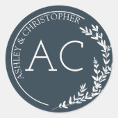 Modern Foliage Lijst Navy Blue Wedding Ronde Sticker (Voorkant)
