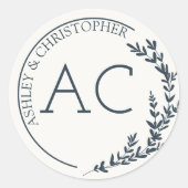 Modern Foliage Lijst Navy Blue Wedding Ronde Sticker (Voorkant)