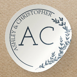 Modern Foliage Lijst Navy Blue Wedding Ronde Sticker