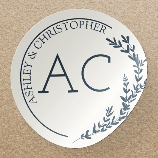 Modern Foliage Lijst Navy Blue Wedding Ronde Sticker
