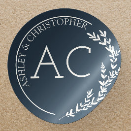 Modern Foliage Lijst Navy Blue Wedding Ronde Sticker