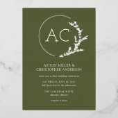 Modern Foliage Lijst Olijfgroen bruiloft Folie Uitnodiging (Voorkant)