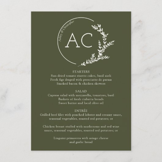 Modern Foliage Lijst Olijfgroen bruiloft Receptie Menu (Voorkant)