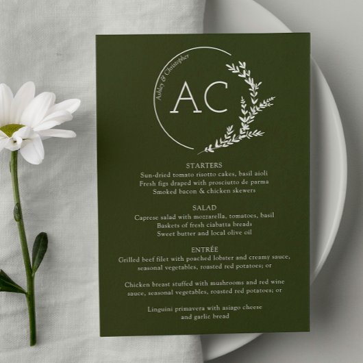 Modern Foliage Lijst Olijfgroen bruiloft Receptie Menu