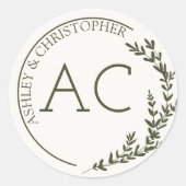 Modern Foliage Lijst Olijfgroen bruiloft Ronde Sticker (Voorkant)