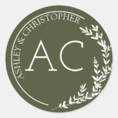 Modern Foliage Lijst Olijfgroen bruiloft Ronde Sticker (Voorkant)