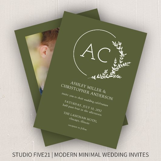 Modern Foliage Lijst Olijfgroen Fotobruiloft Kaart