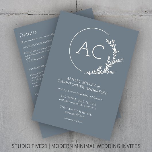 Modern Foliage Lijst Slate Grey All-in-One Wedding Kaart
