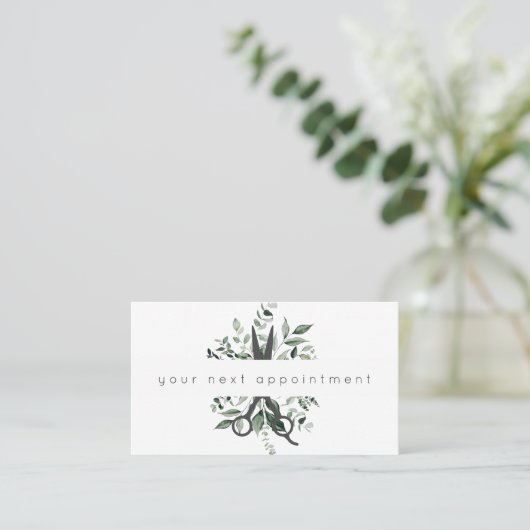 Modern Foliage Salon Scissors Logo Appointment Bus Visitekaartje (Staand voorkant)