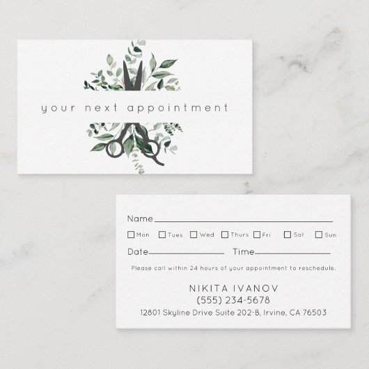 Modern Foliage Salon Scissors Logo Appointment Bus Visitekaartje (Voorkant / Achterkant)