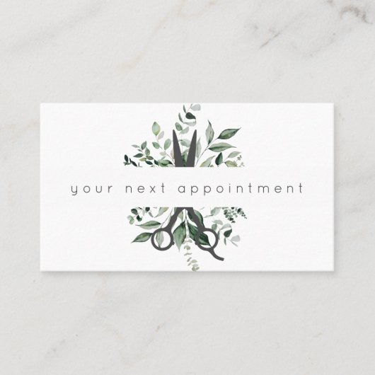 Modern Foliage Salon Scissors Logo Appointment Bus Visitekaartje (Voorkant)
