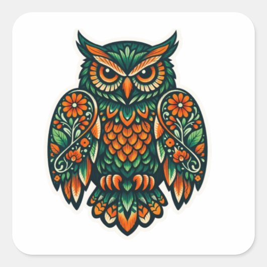 Modern Folk Art Owl  Vierkante Sticker (Voorkant)