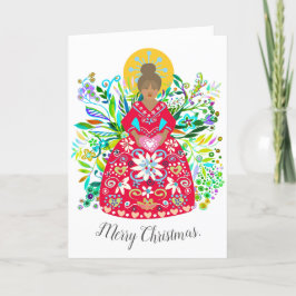Modern Folk Art Vibrant Red Christmas Angel Feestdagen Kaart