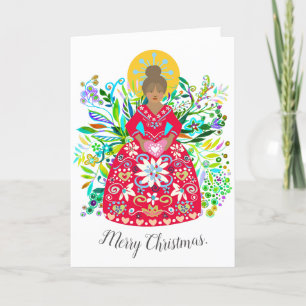 Modern Folk Art Vibrant Red Christmas Angel Feestdagen Kaart