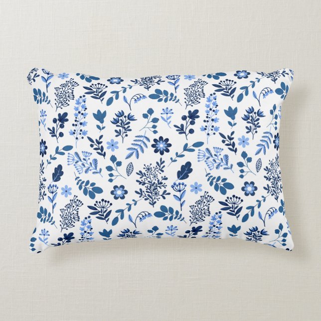 Modern Folk Botanical Floral print Blue White Accent Kussen (Voorkant)