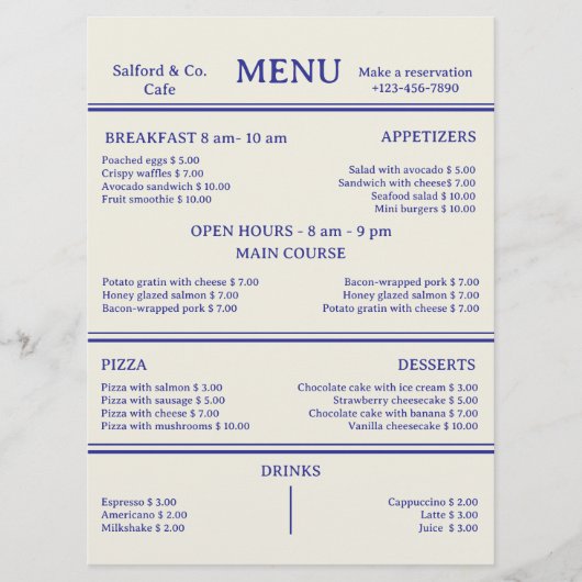 Modern Food Restaurant Cafe Menu Card (Voorkant)