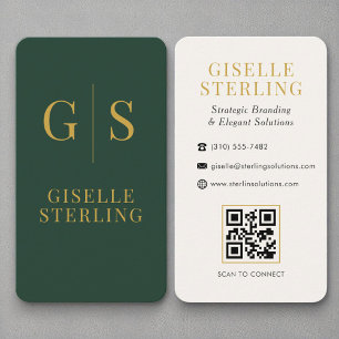 Modern Forest Green Gold Monogram QR-code Visitekaartje