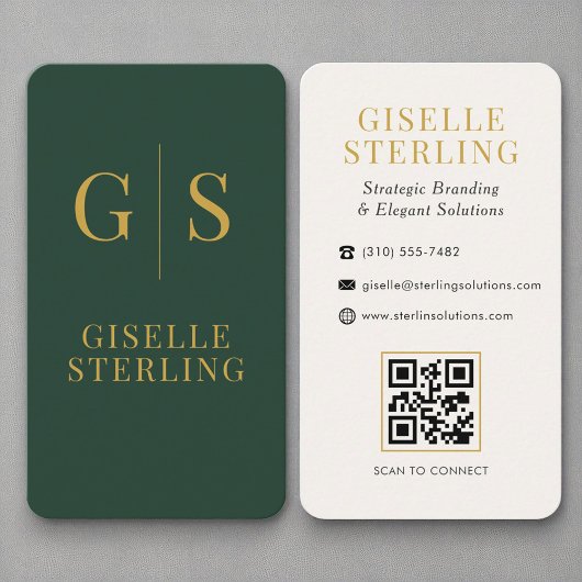 Modern Forest Green Gold Monogram QR-code Visitekaartje