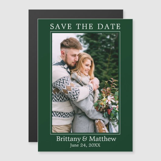 Modern Forest Green Magnetic Save the Date (Voorkant / Achterkant)