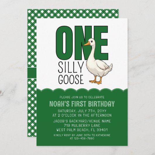 Modern Forest Green One Silly Goose 1st Birthday  Kaart (Voorkant / Achterkant)