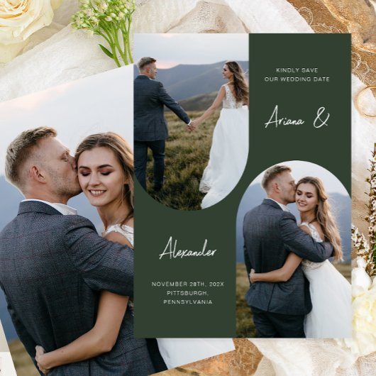 Modern Forest Green Photo Arch Wedding Save The Date