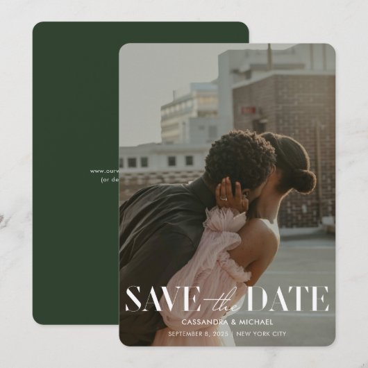 Modern Forest Green Photo Wedding Save Date Kaart (Voorkant / Achterkant)