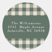 Modern Forest Green Plaid Christmas retouradres Ronde Sticker (Voorkant)