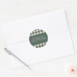 Modern Forest Green Plaid Christmas retouradres Ronde Sticker