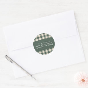 Modern Forest Green Plaid Christmas retouradres Ronde Sticker