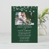 Modern Forest Green String Lights Photo Wedding Kaart (Staand voorkant)