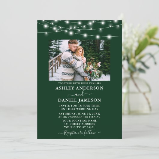 Modern Forest Green String Lights Photo Wedding Kaart (Staand voorkant)