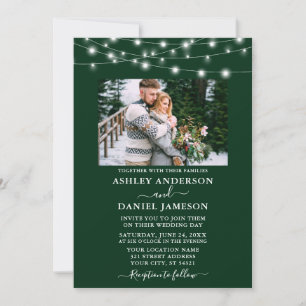 Modern Forest Green String Lights Photo Wedding Kaart