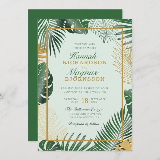 Modern Forest Green Tropical Leaves Modern Wedding Kaart (Voorkant / Achterkant)