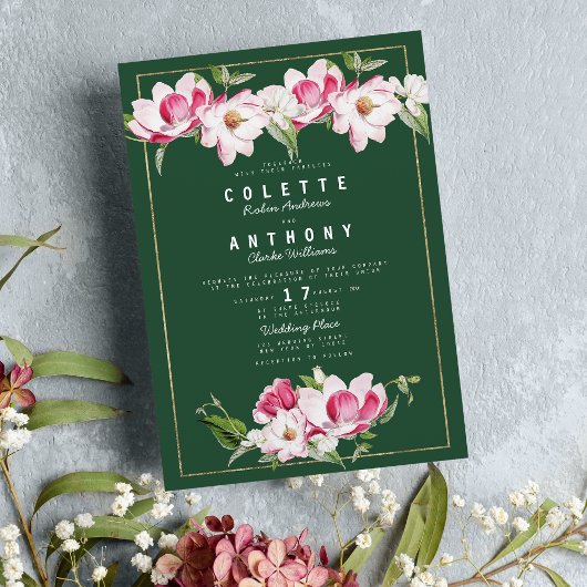 Modern Forest Groen Roze Goud Bloemen Bruiloft Kaart
